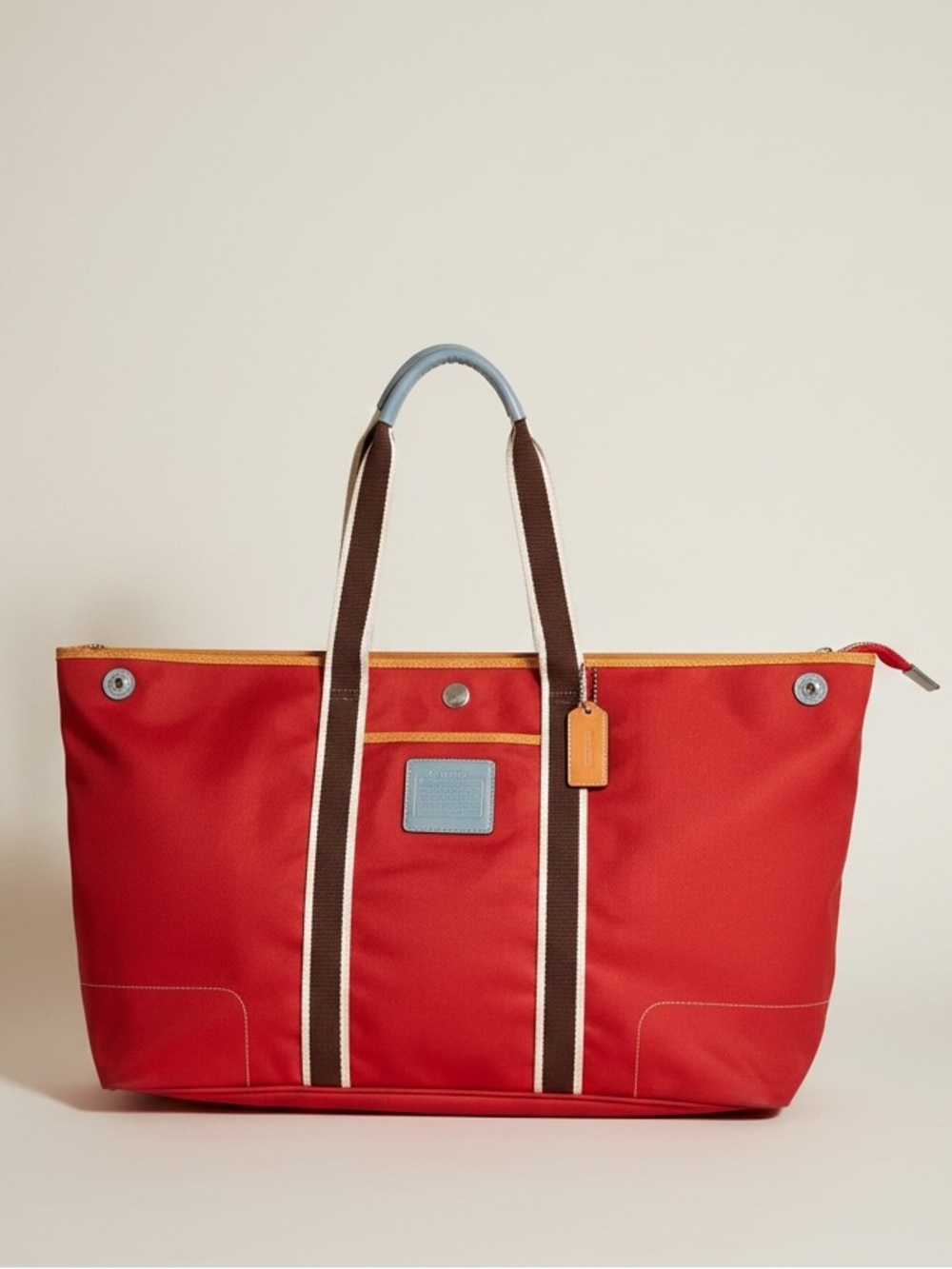 Coach legacy Hamilton Red nylon Tote with Brown Striped Handles